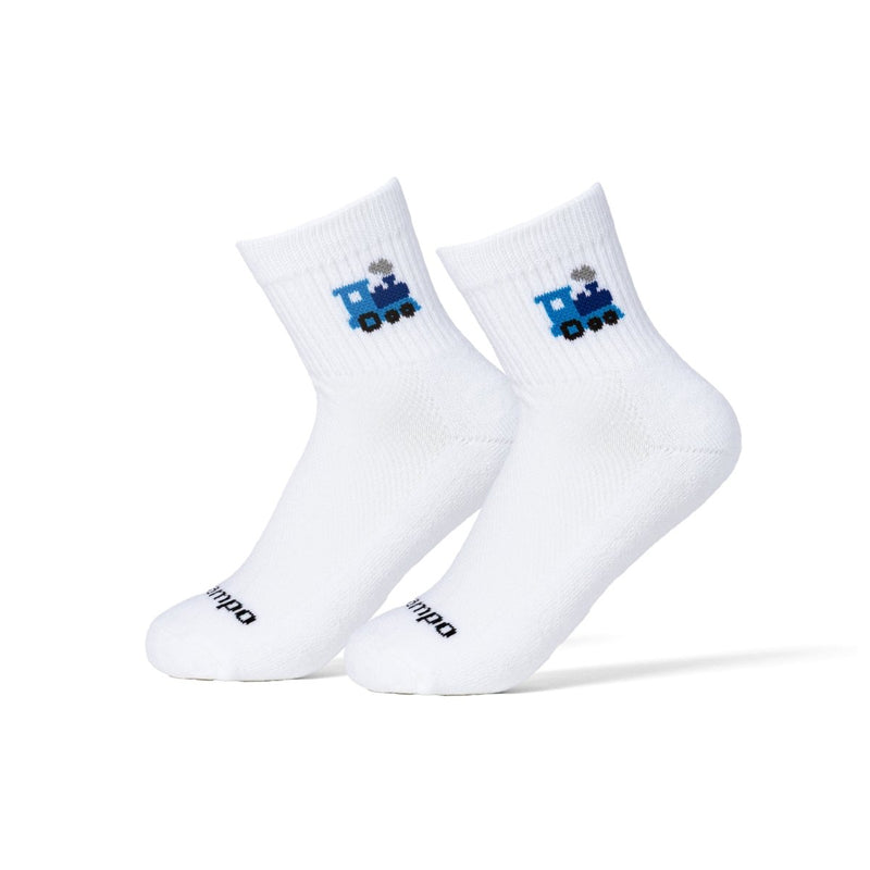 Pair of white Del Campo golf socks with blue train graphic on cuff | product