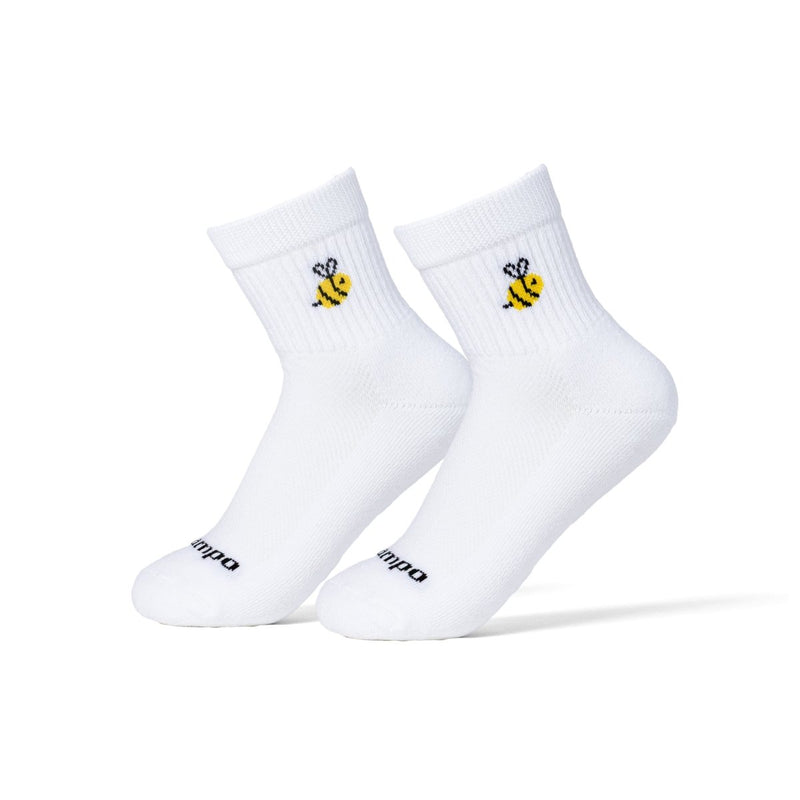 Pair of white Del Campo Golf Bumble Bees socks with yellow and black bee embroidery on the cuff. | product