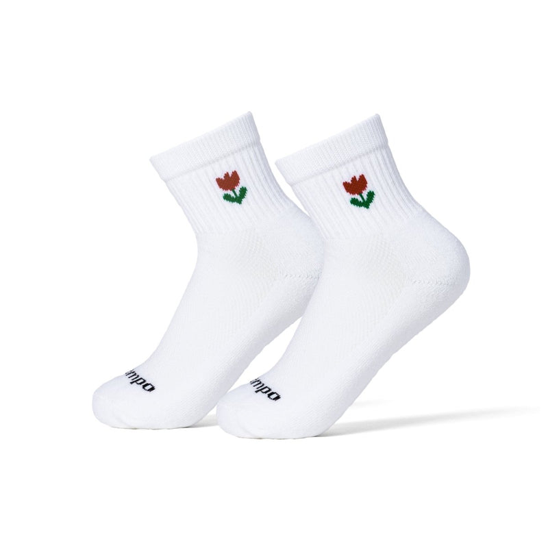 Del Campo Golf white crew socks with red and green tulip embroidery | product
