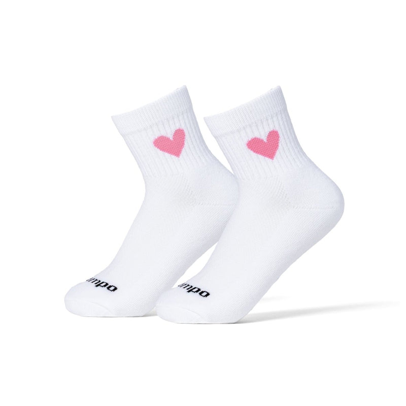 Del Campo Golf Pink Hearts white crew socks with pink heart design on white background. | product, women