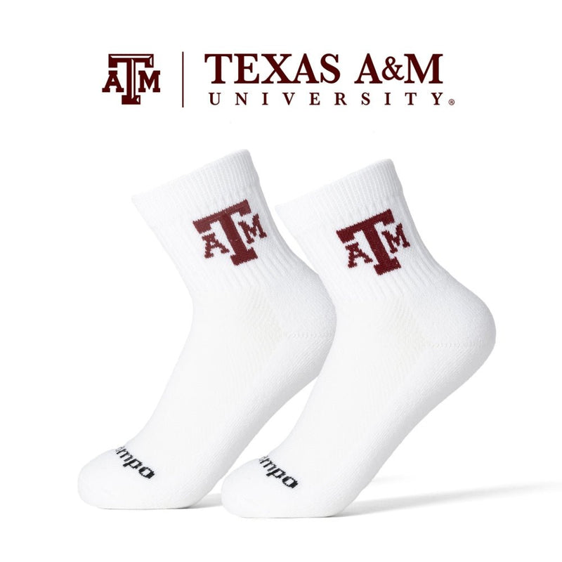 Pair of white Texas A&M Aggies crew socks with maroon ATM logo. | product, college