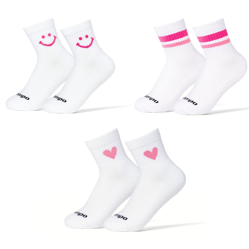 Del Campo Golf Pink Pack: three pairs of white socks with pink smiley face, stripes, and heart designs. | women, product