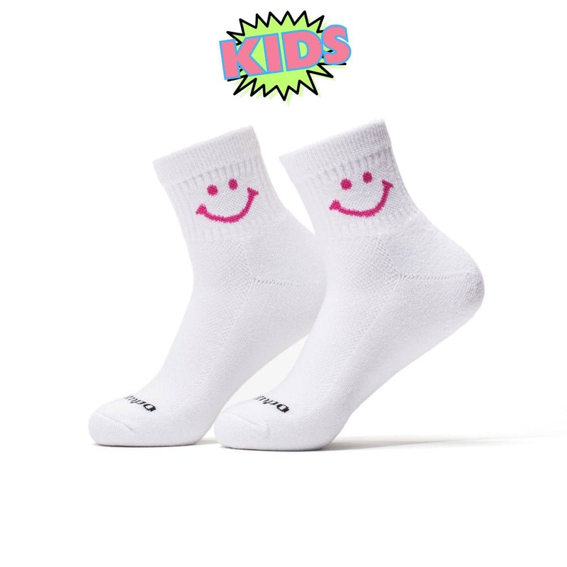 Del Campo Golf kids socks in white with pink smiley face design. | kids, product