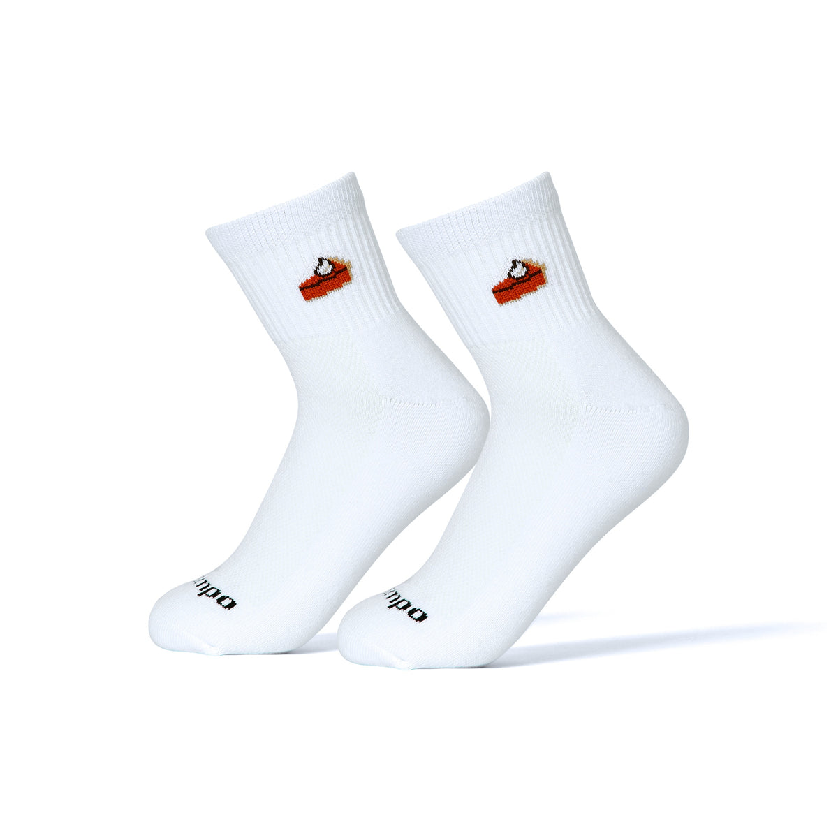Del Campo Pumpkin Pie Thanksgiving golf socks, white quarter socks with a knit slice of pumpkin pie, pair on sock forms