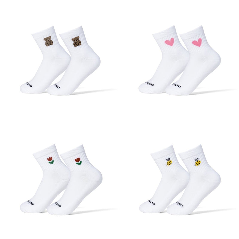 Playground Pack - Dreamer: four pairs of white Del Campo Golf socks with embroidered bear, heart, flower, and bee designs. | product, kids