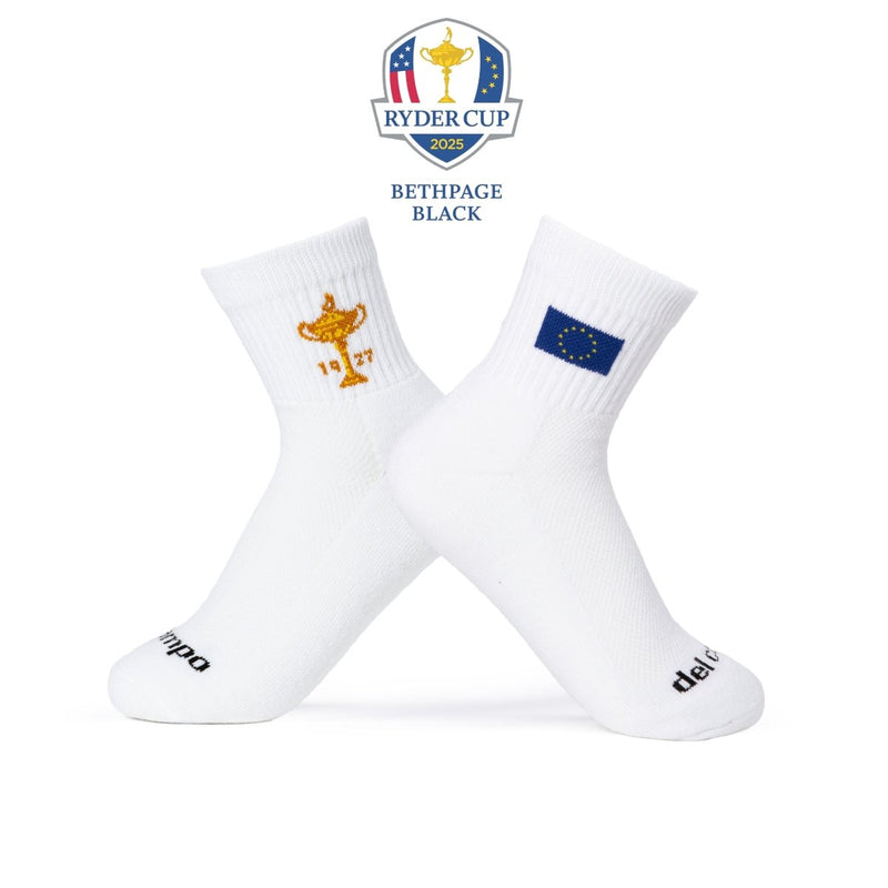Del Campo Golf Ryder Cup 2025 Bethpage Black socks in white with gold and blue flag designs | product