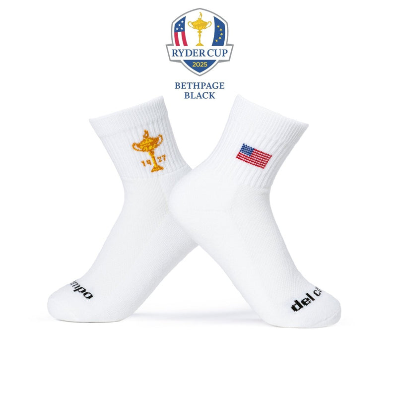 Del Campo Golf Ryder Cup 2025 Bethpage Black socks with gold trophy and USA flag embroidery on white crew socks. | product, men