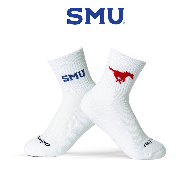 SMU Mustangs white crew socks with blue logo and red mustang emblem. | product, college