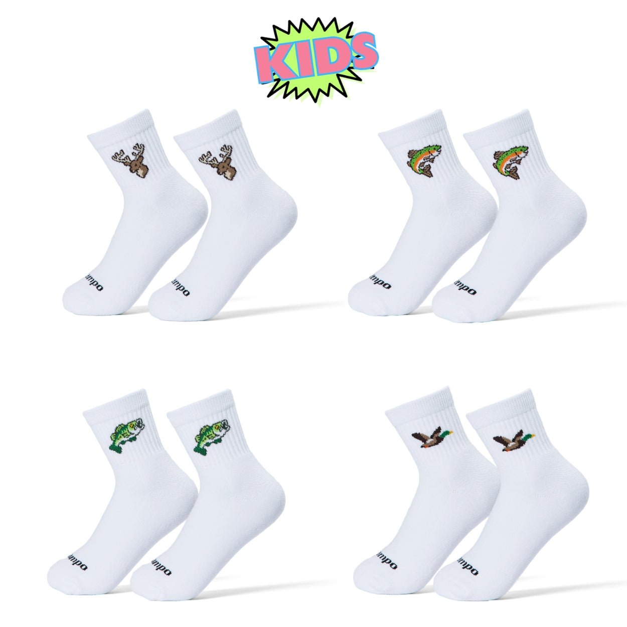 Del Campo Kids Sportsman Pack: four pairs of kids socks with Bass, Trout, Mallard and Deer designs, flat lay