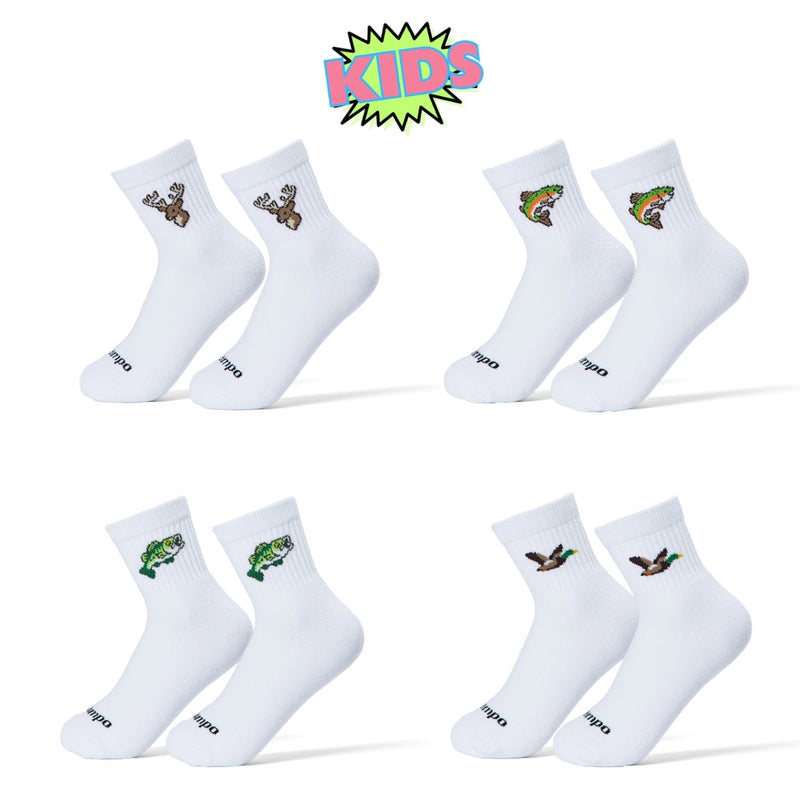Del Campo Kids Sportsman Pack: four pairs of kids socks with Bass, Trout, Mallard and Deer designs, flat lay