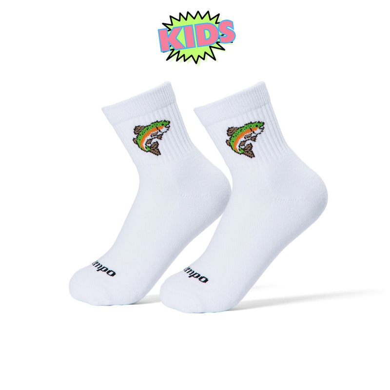 Pair of Del Campo Kids Trout socks with rainbow trout logo