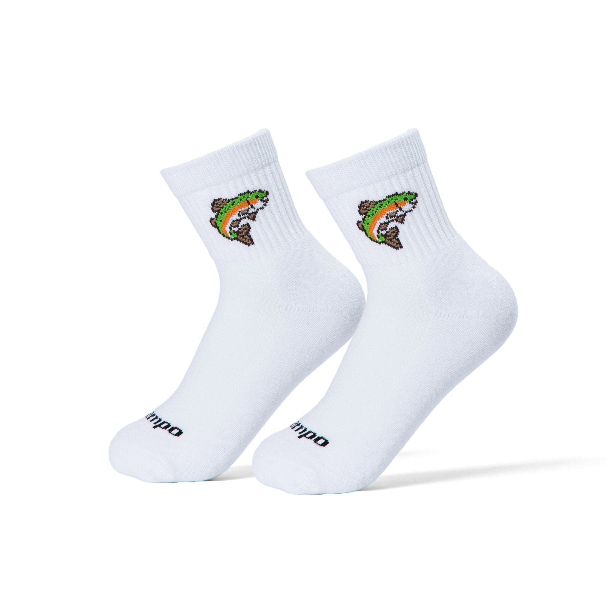 Pair of Del Campo Trout socks with embroidered rainbow trout logo on white