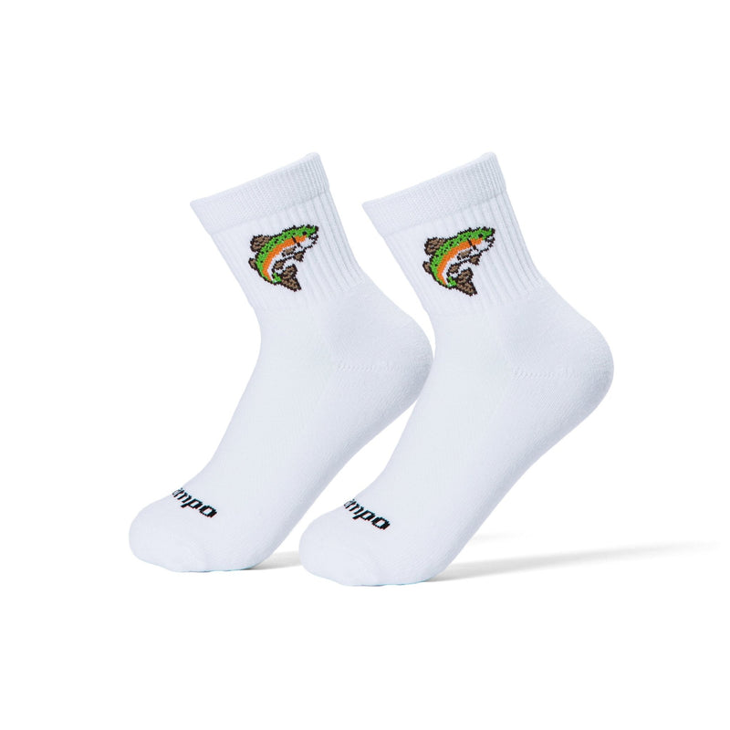Pair of Del Campo Trout socks with embroidered rainbow trout logo on white