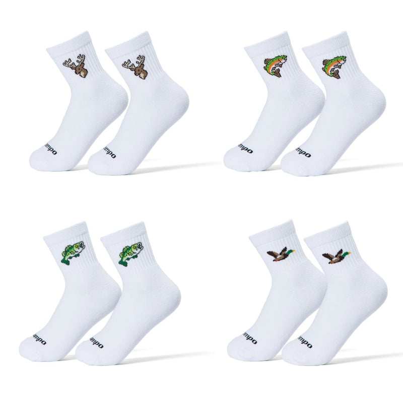 Del Campo Sportsman Pack: four pairs of socks with Largemouth Bass, Trout, Mallard and Whitetail Deer designs, flat lay on white