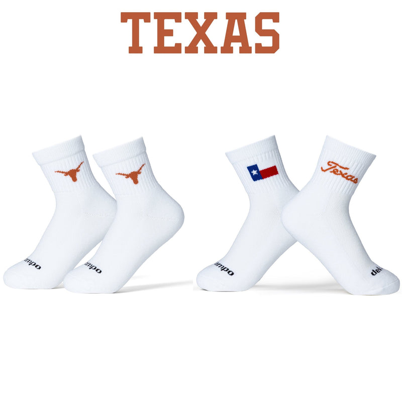 Del Campo Golf Texas Longhorns socks pack with burnt orange and Texas flag designs on white crew socks | product, college
