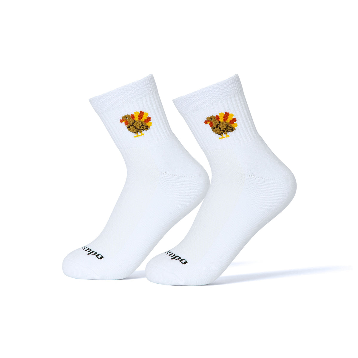 Del Campo Turkey Boys Thanksgiving golf socks, white quarter socks with a knit turkey, pair on sock forms