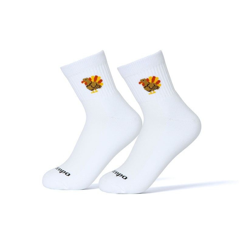 Del Campo Turkey Boys Thanksgiving golf socks, white quarter socks with a knit turkey, pair on sock forms