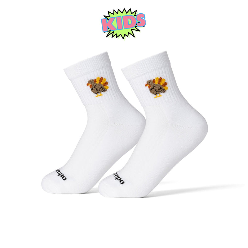 Kids Turkey Boys white socks with colorful turkey graphic on white background. | kids, product