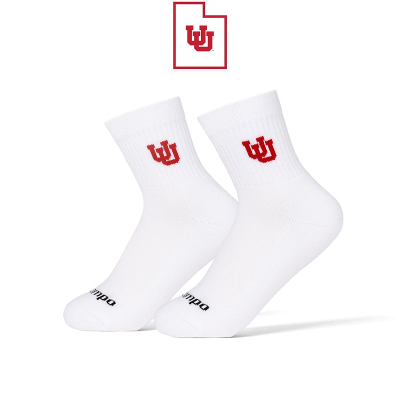 Pair of white Utah Utes socks with red embroidered logo on cuff | product, college
