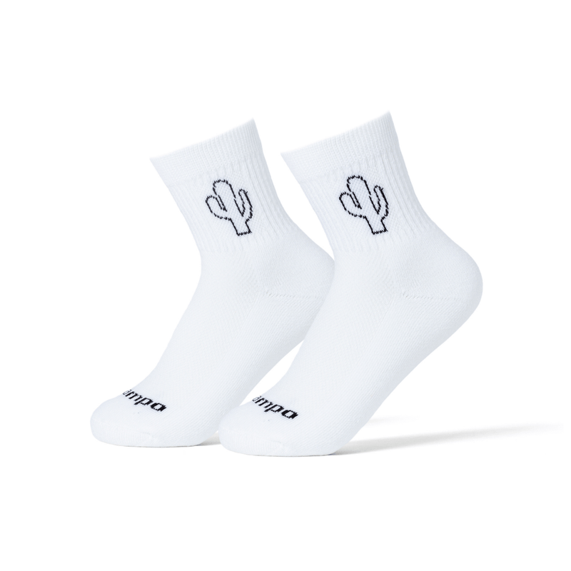 Cactus Boys white crew socks with black cactus logo and Del Campo branding | product