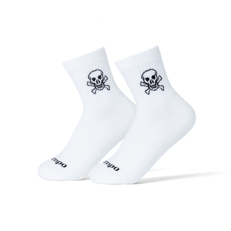 White Del Campo Golf socks with black skull and crossbones design | product