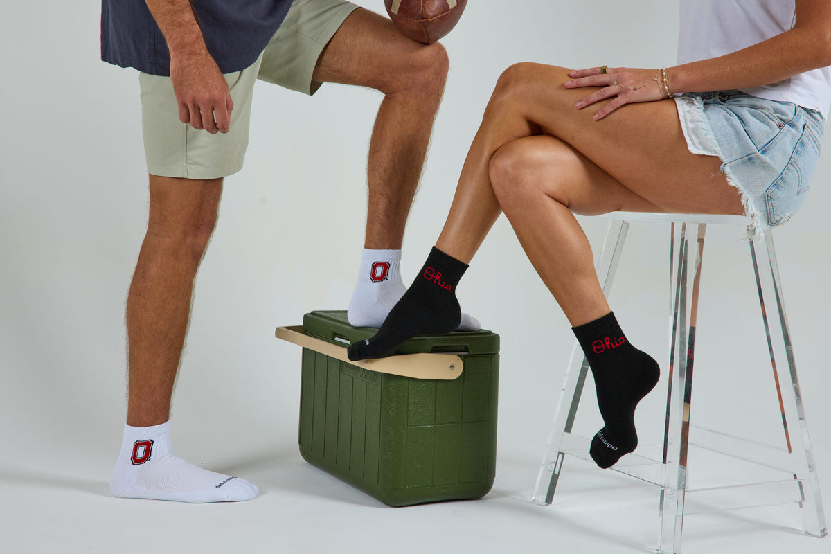 Officially licensed Del Campo Ohio State Buckeyes socks being worn.