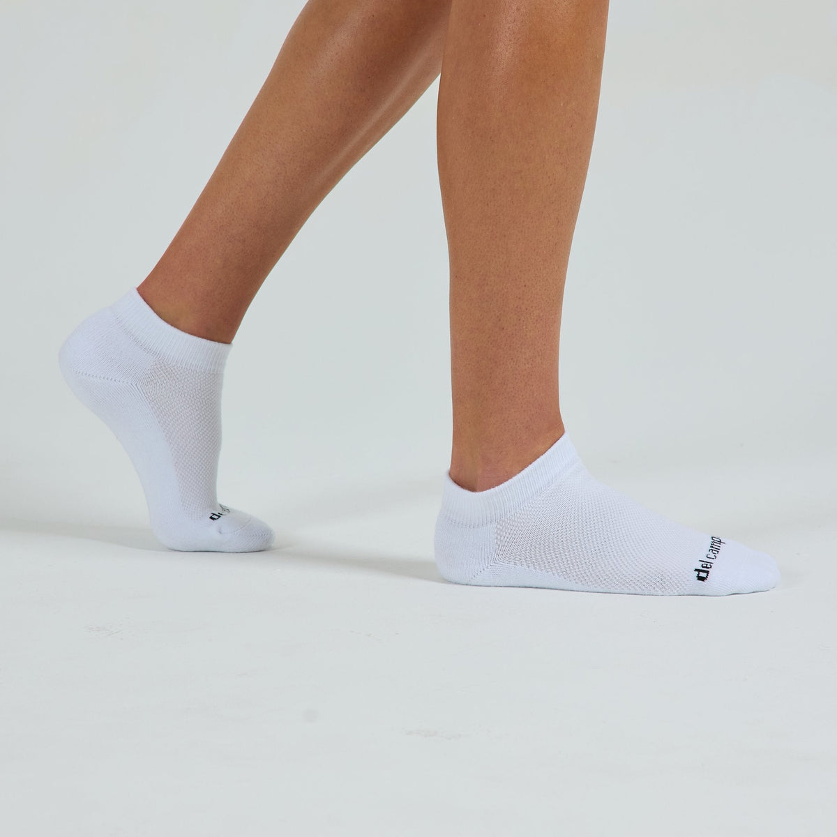 Blank Lowcut Socks worn barefoot, side view - del campo
