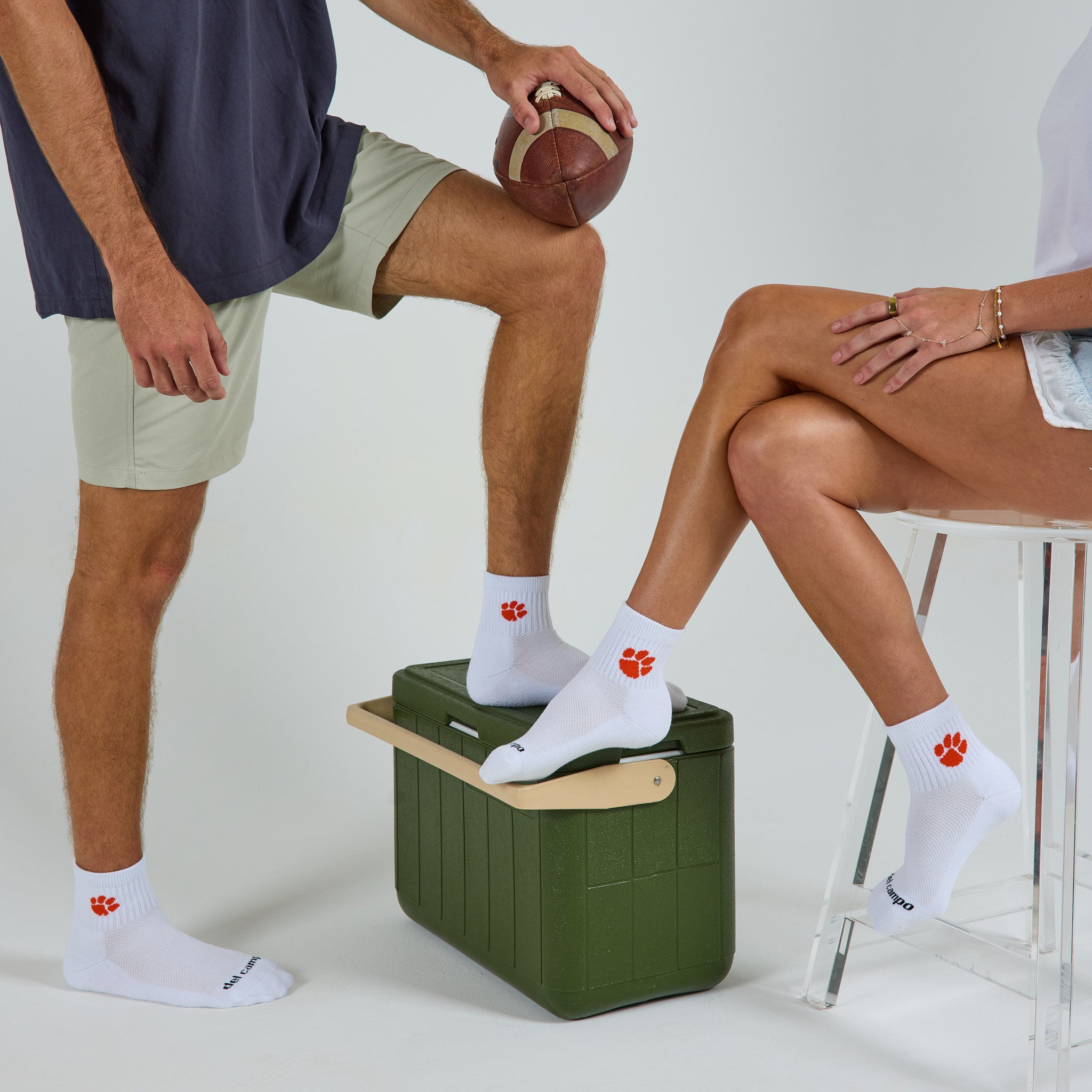 Del Campo Clemson Tigers golf socks on a male and female model