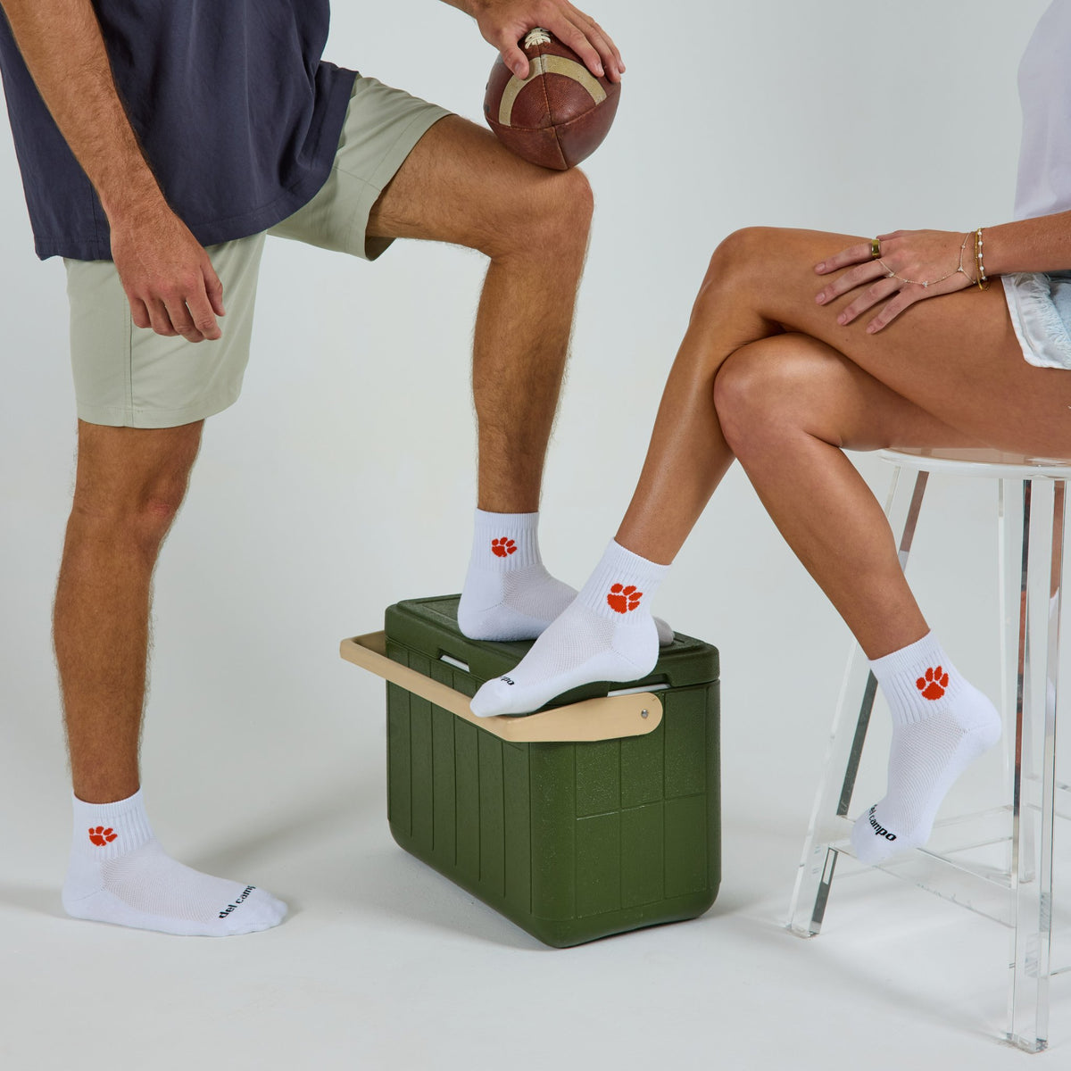 Del Campo Clemson Tigers golf socks on a male and female model