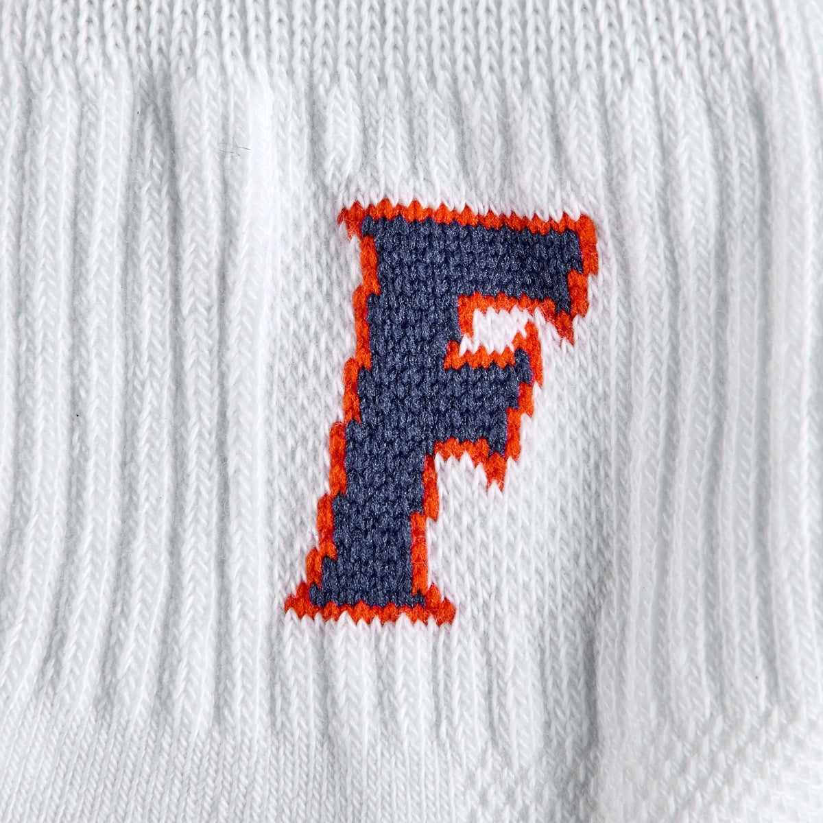 Close-up of the block F on Del Campo Florida Gators Block F golf socks