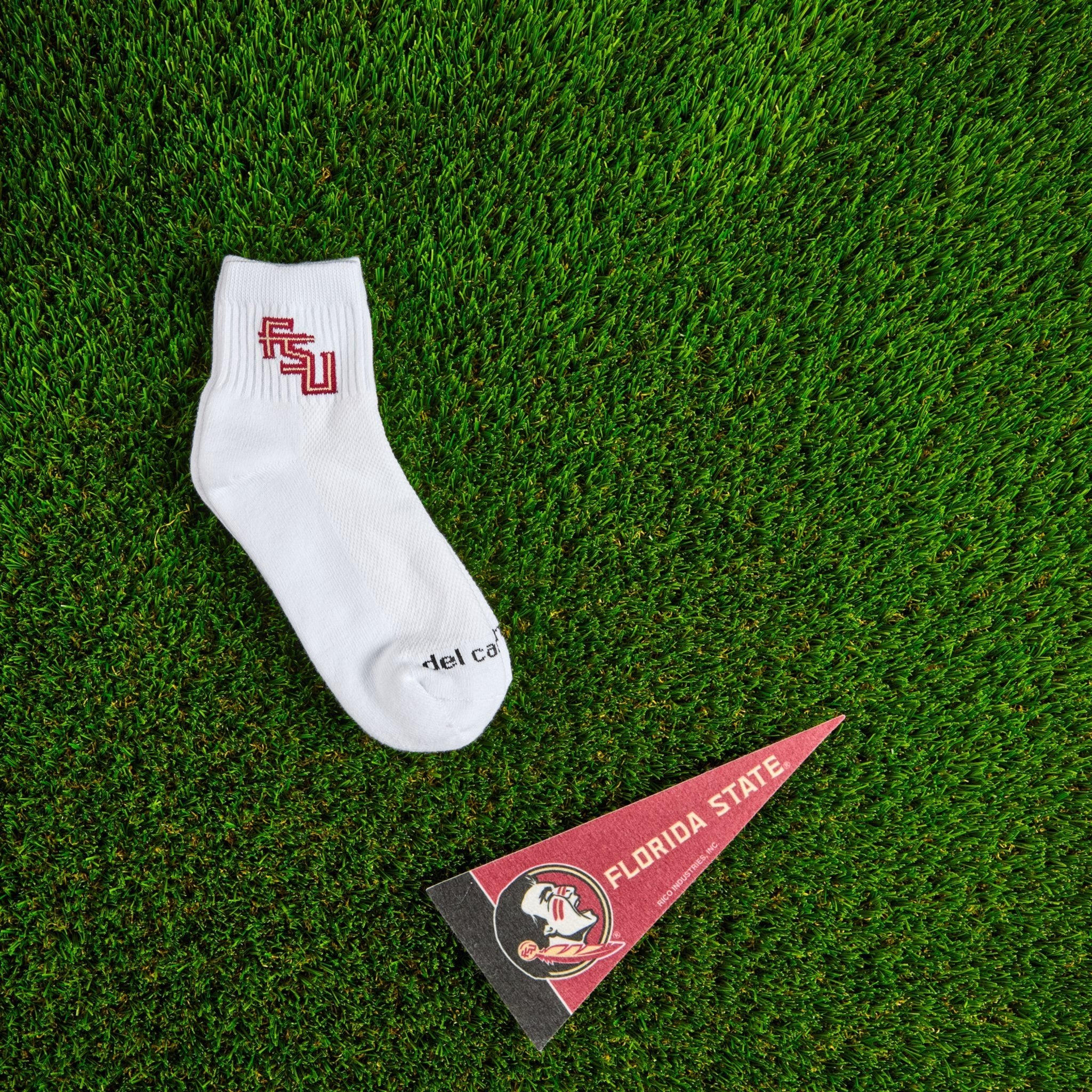Flat lay of Del Campo Florida State Script golf socks with game-day props