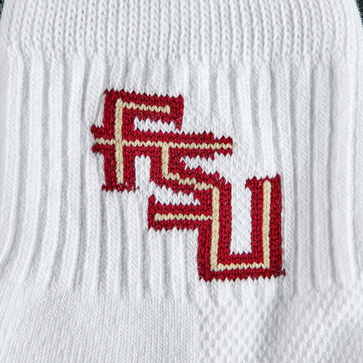 Close-up of the garnet and gold FSU interlock on Del Campo Florida State Script golf socks