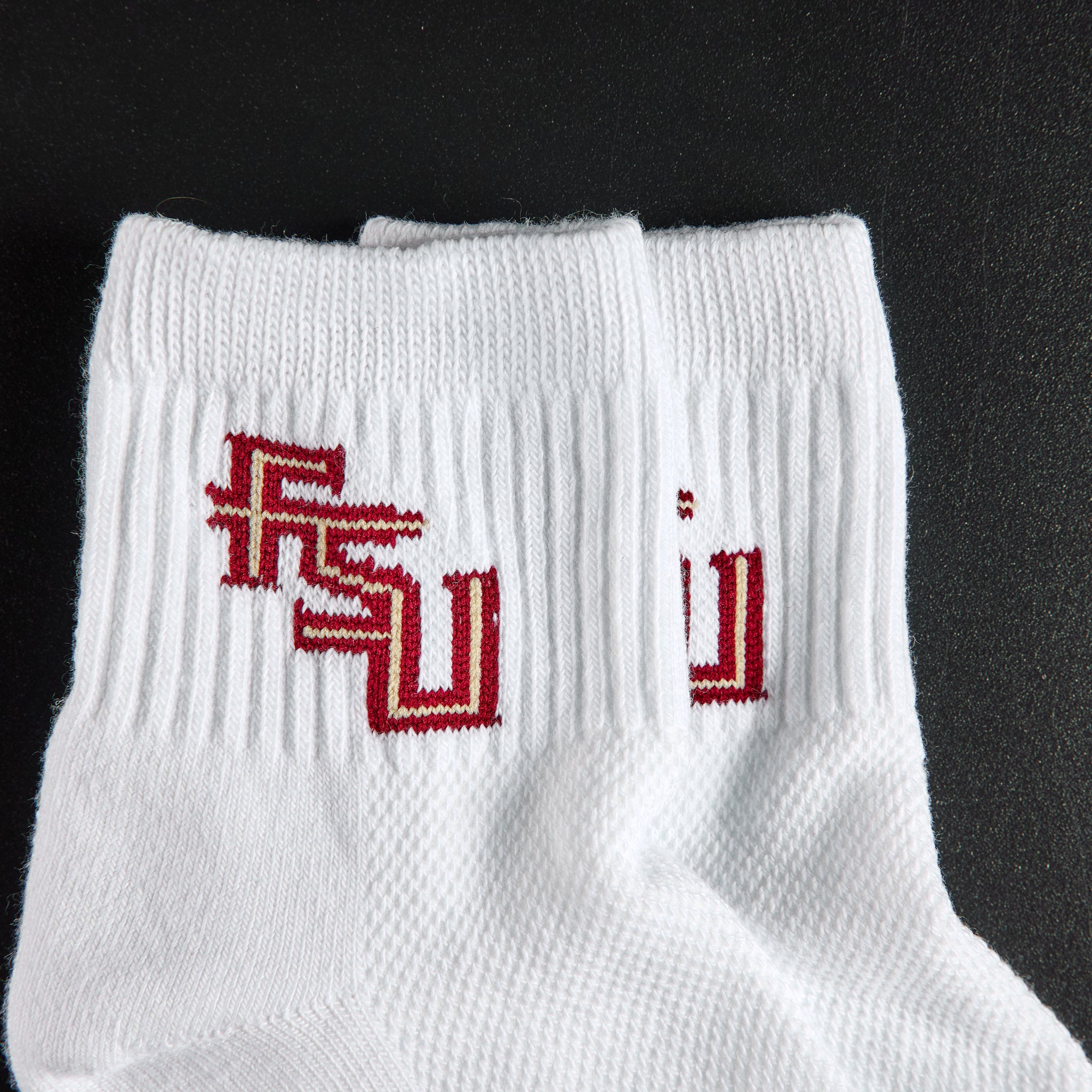 Close-up of the FSU interlock on Del Campo Florida State Script golf socks