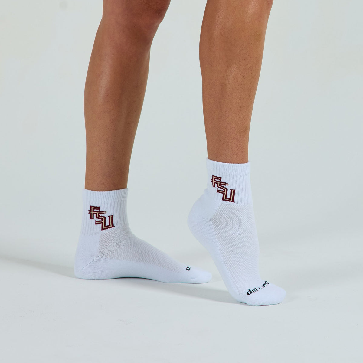 Del Campo Florida State Script golf socks on a female model in studio