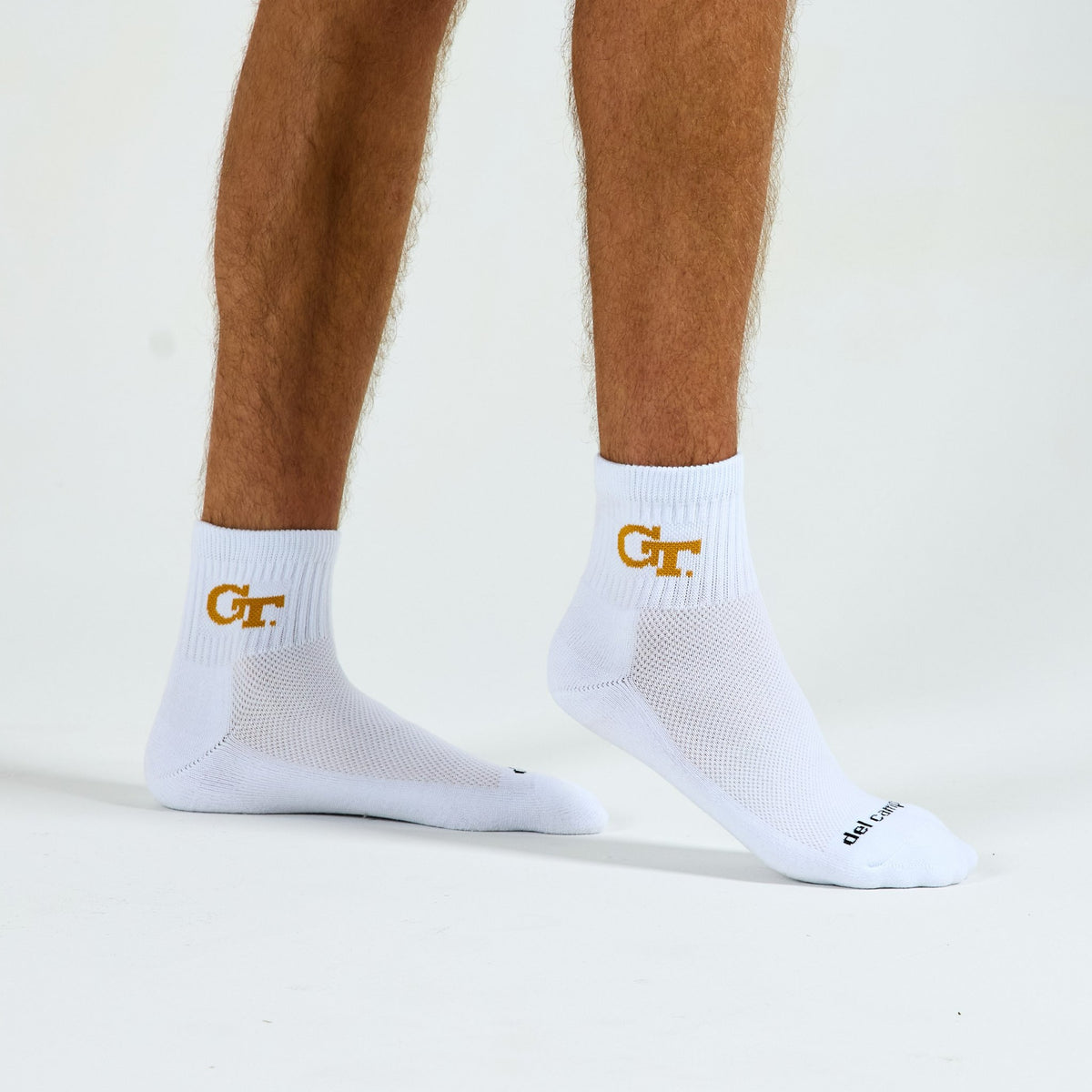 Del Campo Georgia Tech GT golf socks on a male model in studio