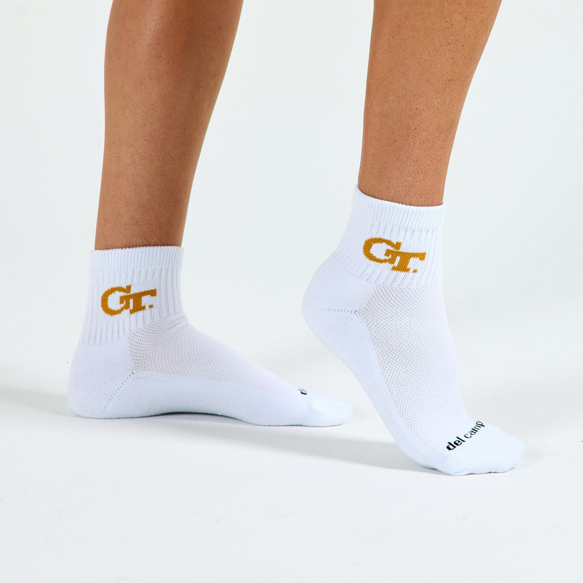 Del Campo Georgia Tech GT golf socks on a female model in studio
