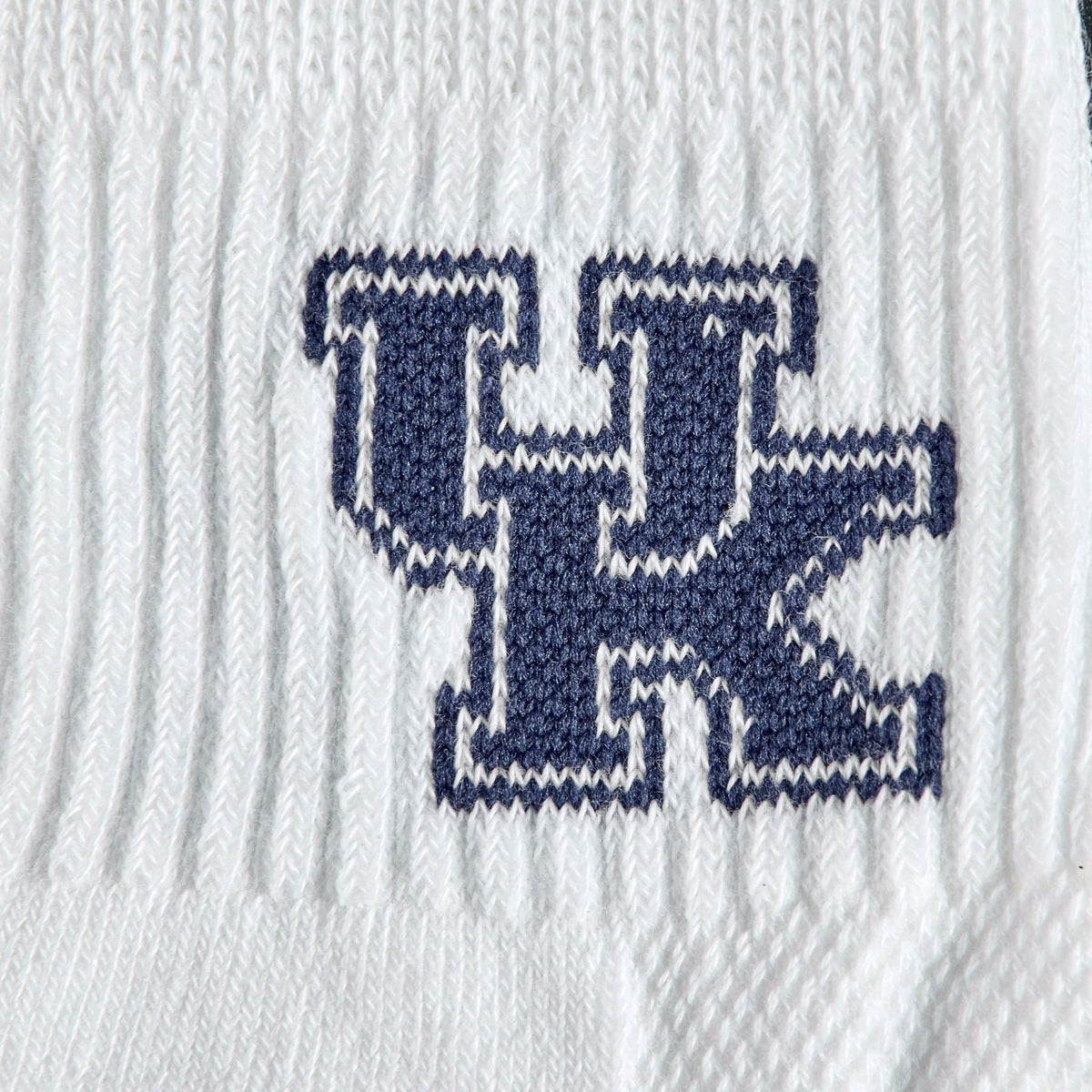 Close-up of the navy UK interlock on Del Campo Kentucky Wildcats golf socks