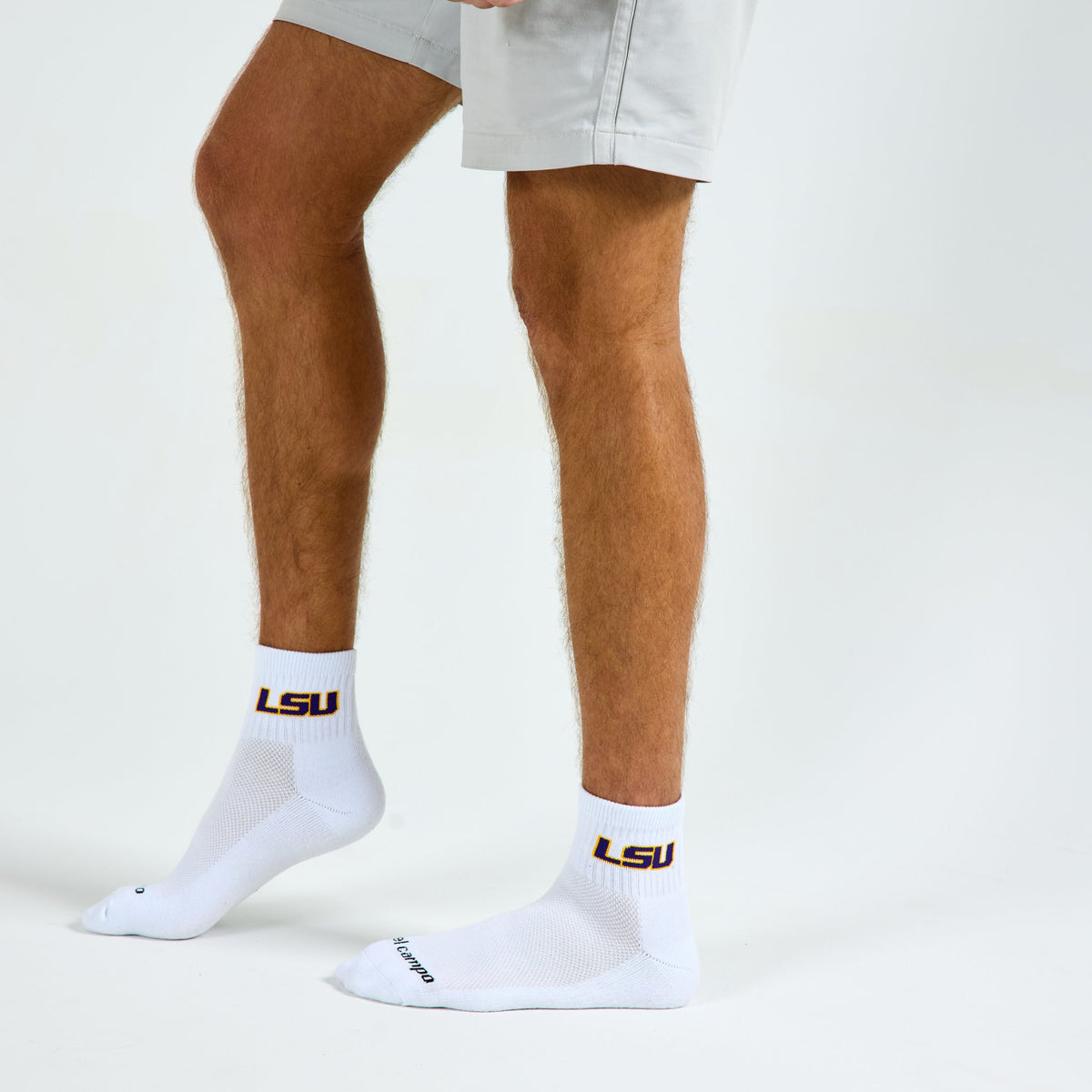 Del Campo LSU Tigers golf socks on a male model in studio