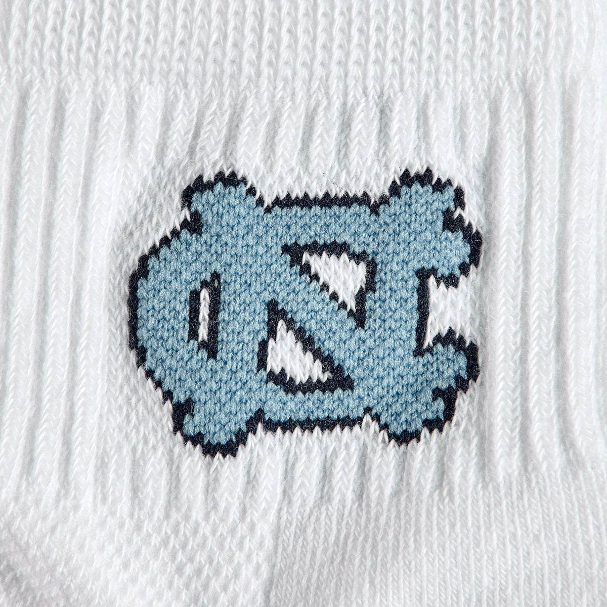 Close-up of the Carolina blue NC interlock on Del Campo North Carolina Interlocking NC golf socks