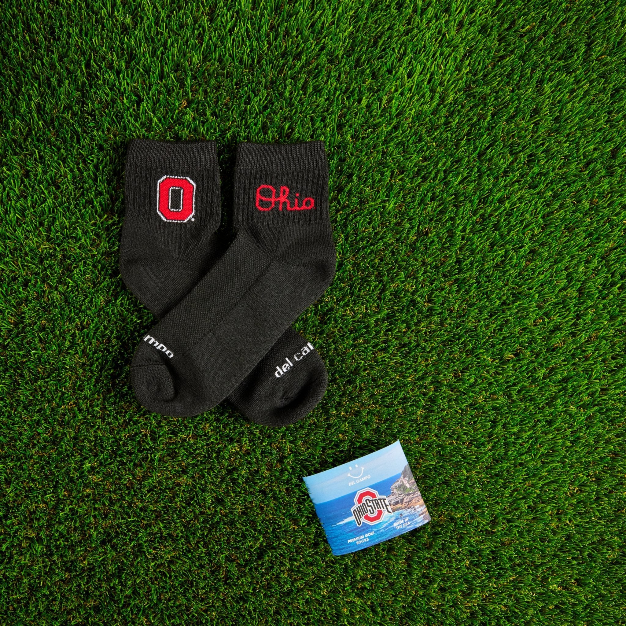 Del Campo Ohio State Night Mode golf socks on turf with a team pennant