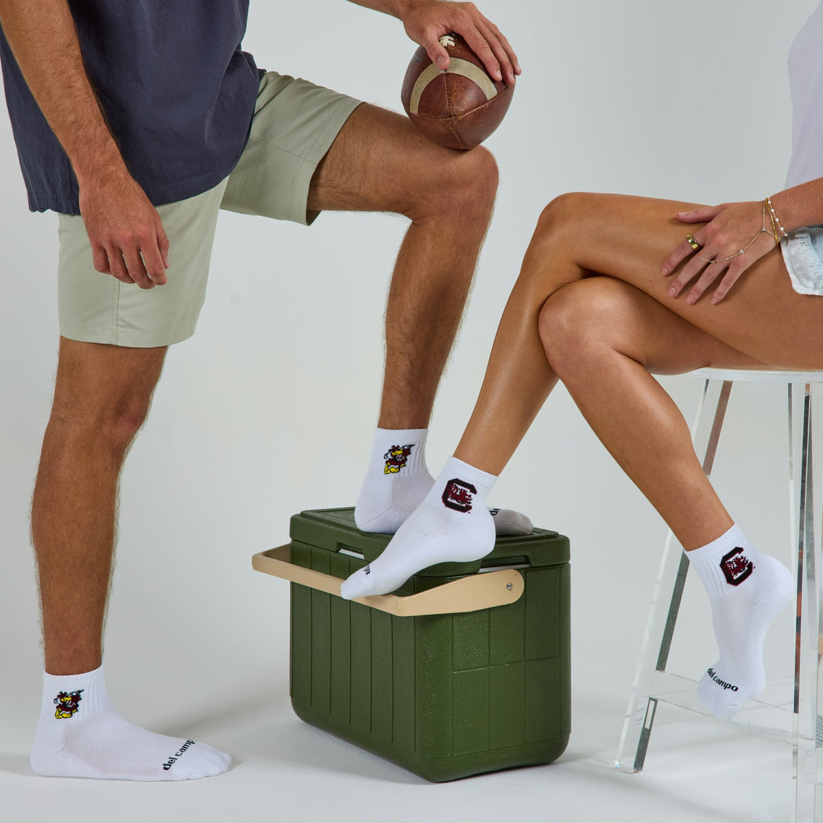Del Campo South Carolina Pack golf socks on a male and female model