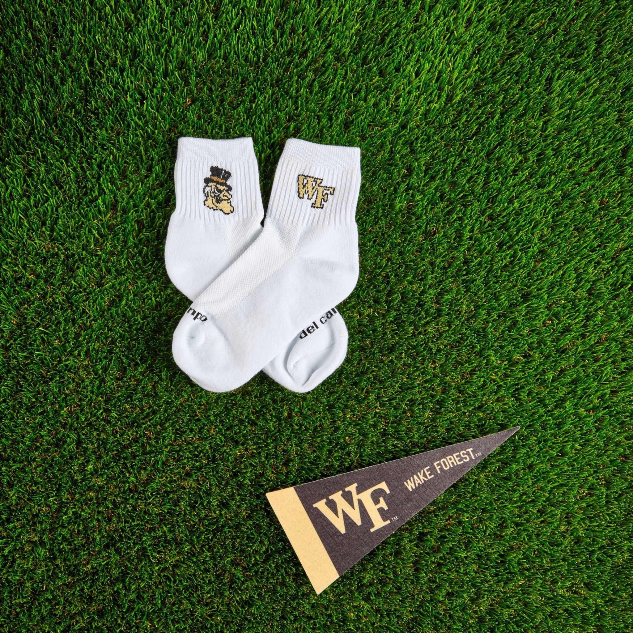 Del Campo Wake Forest Demon Deacons golf socks on turf with a team pennant