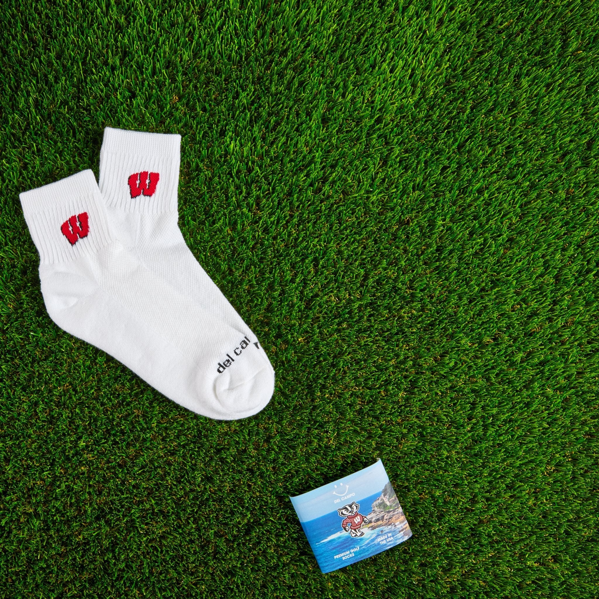 Del Campo Wisconsin Badgers golf socks on turf with a team pennant