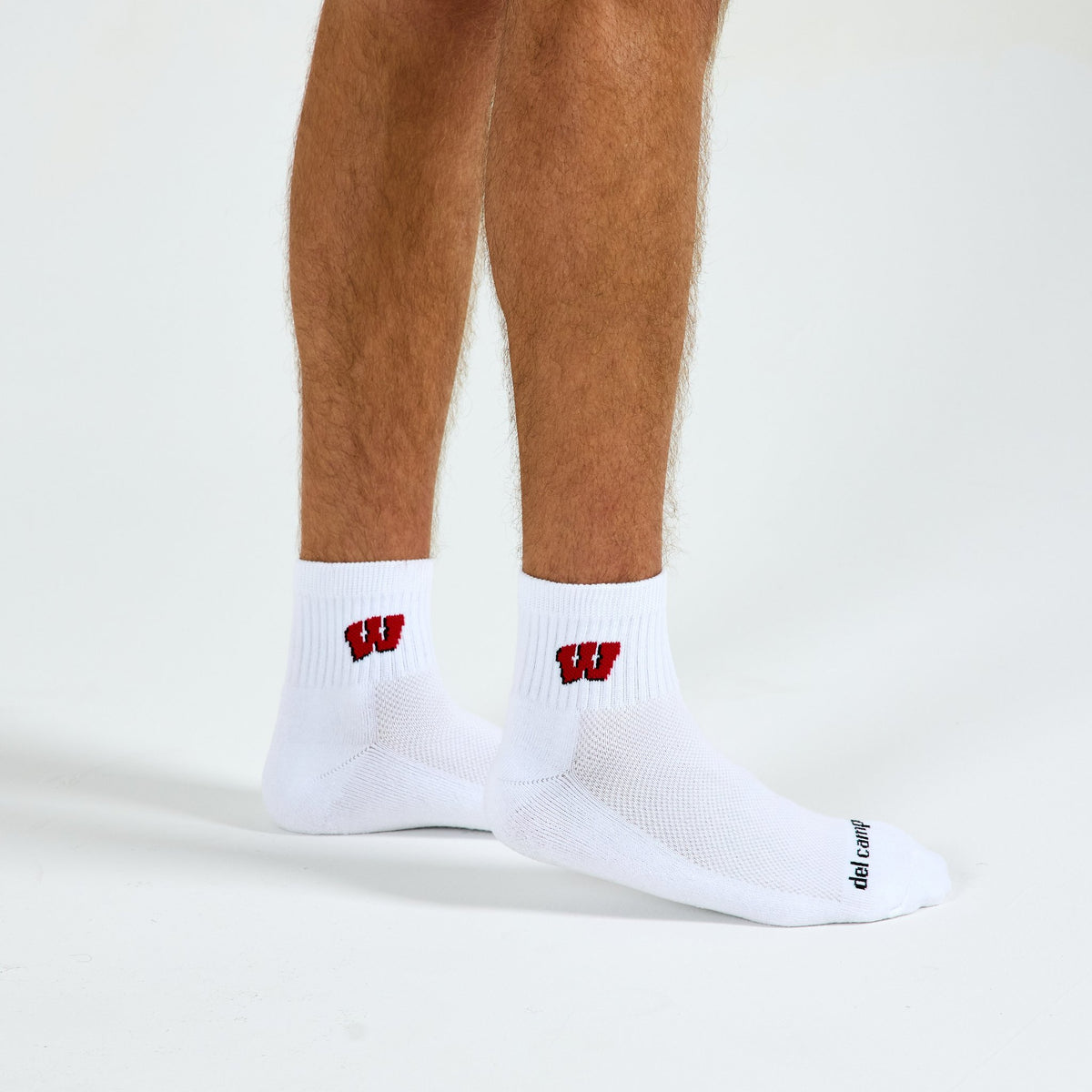 Man wearing Del Campo Wisconsin Badgers golf socks, studio shot, no shoes