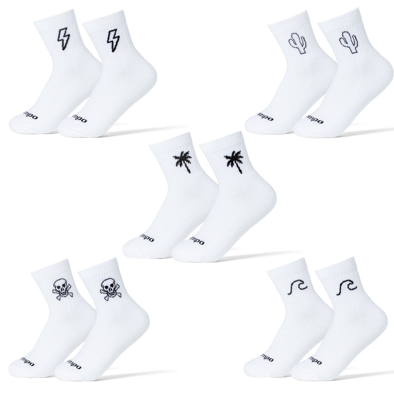 Del Campo Golf Design Pack: five pairs of white crew socks with lightning bolt, cactus, palm tree, skull, and wave motifs. | product