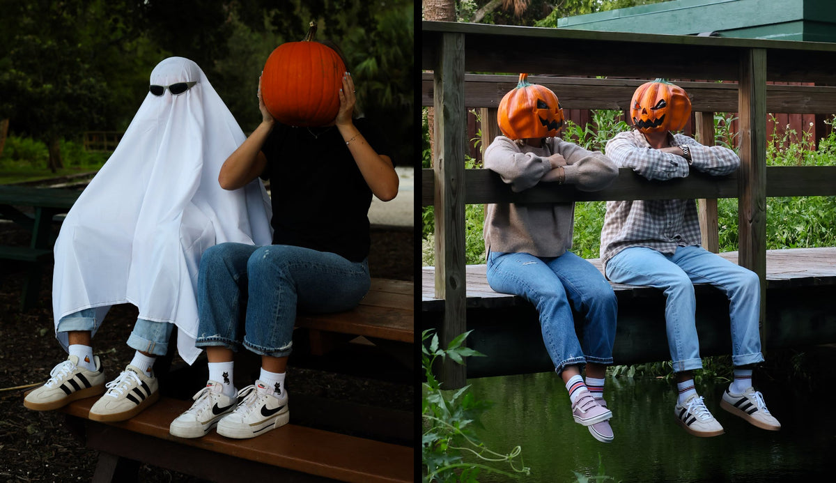 Del Campo Halloween socks: a ghost and a pumpkin head, two jack-o'-lantern heads on a bridge