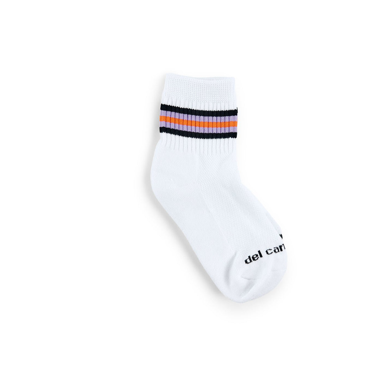 Del Campo Halloween 5 Stripe golf socks, white quarter socks with five black, lavender and orange stripes, single sock, flat lay on white