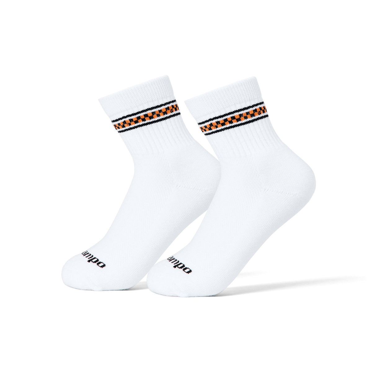 Del Campo Halloween Checkered Stripe Halloween golf socks, white quarter socks with a black and orange checkered stripe, pair on sock forms