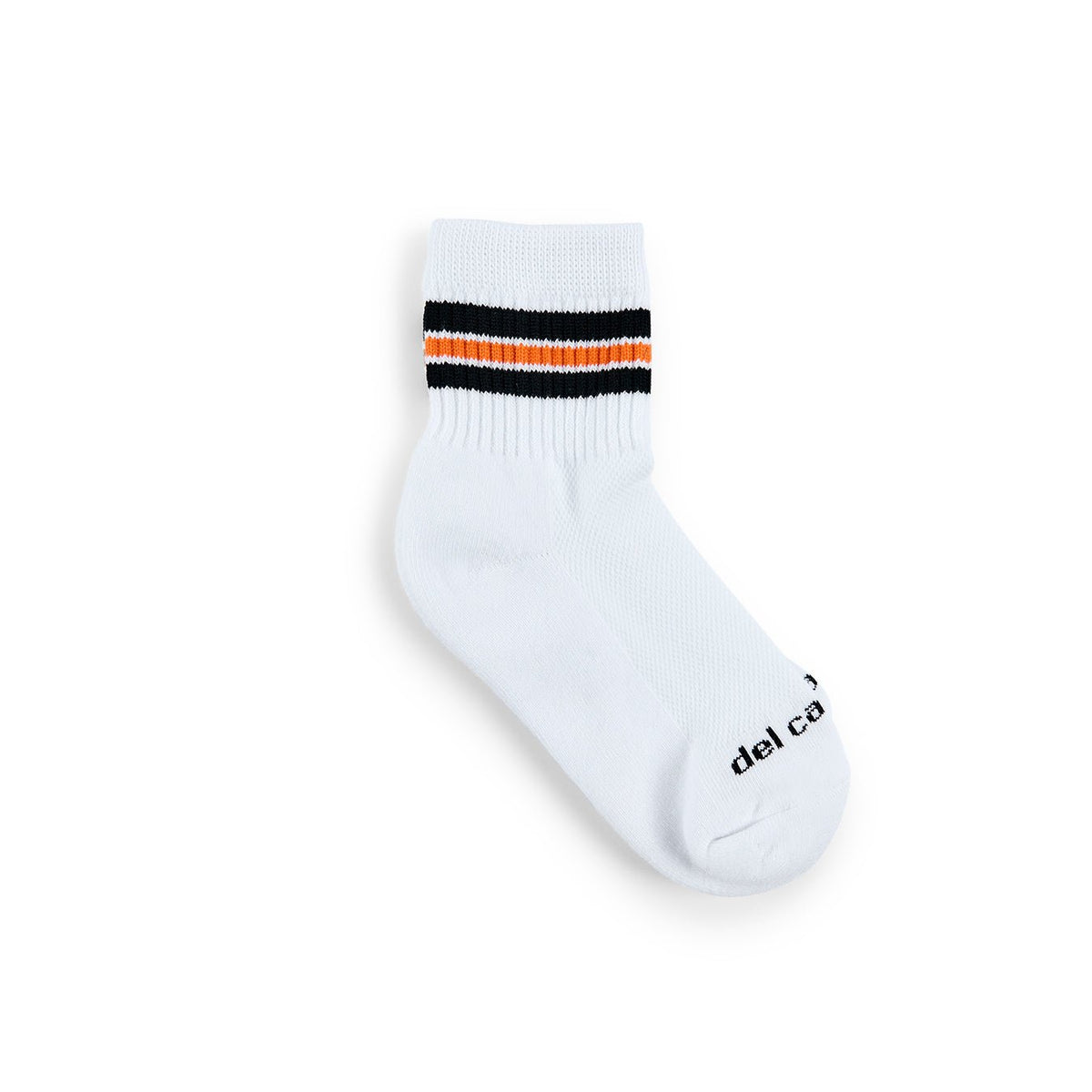Del Campo Halloween 3 Stripe golf socks, white quarter socks with black, orange and black stripes, single sock, flat lay on white