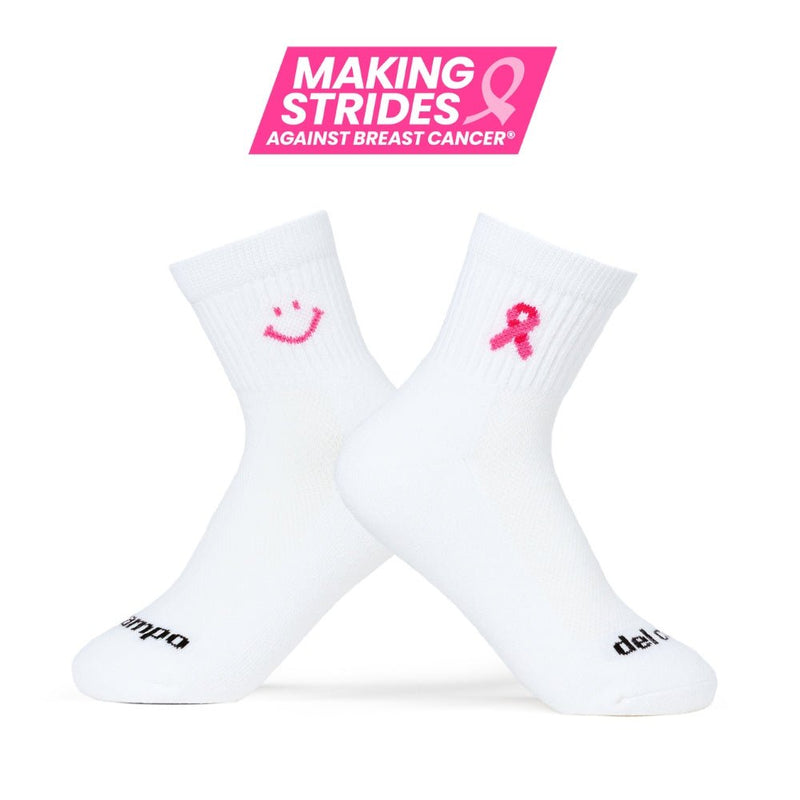 White Del Campo Golf socks with pink breast cancer awareness ribbon and smiley face design. | product, women